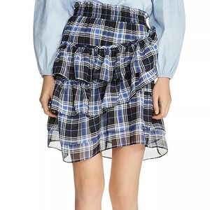 Maje Jolanta Tiered Ruffle Skirt Sz 2 Blue Black Plaid Mini Flowy Feminine